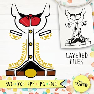 Puede incluir: Un archivo digital en capas en blanco y negro de un traje de charro mexicano. El traje incluye un chaleco con ribetes dorados, una corbata de moño y un cinturón. El texto "ARCHIVOS EN CAPAS" está en la imagen. El texto "Mr. Party" está en un círculo en la parte inferior de la imagen.