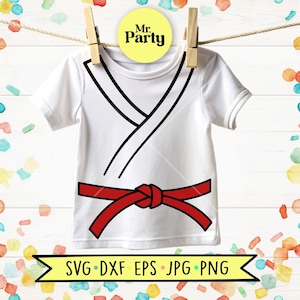 May include: A white short-sleeved t-shirt featuring a graphic print of a martial arts uniform with black lapel lines and a red belt tied in a knot at the waist. A yellow circular tag with the text Mr. Party is attached to the top of the shirt.