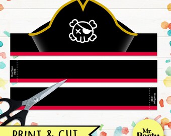 Papieren kroon piratenhoed, afdrukbare piratenhoed, piratenhoedfeest, afdrukbare en kleurbare pdf, piratenkostuum, kinderen ambacht piratenkostuum DIY