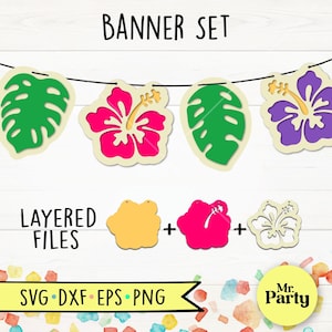 Könnte beinhalten: Ein Banner-Set mit tropischen Blumen- und Blattmotiven. Das Banner enthält Layer-Dateien und SVG-, DXF-, EPS- und PNG-Dateiformate. Die Blumen sind rosa und lila, und die Blätter sind grün.