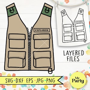 May include: A brown and green explorer vest with a zipper and pockets. The vest has the word "EXPLORER" printed on the front. The image includes a layered file option for the vest.