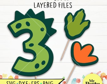 Dino 3° compleanno SVG, Dino cake topper svg, decorazione, Dinosaur topper svg, Festa svg, tre compleanno maglietta svg, Dinosaur footprint svg