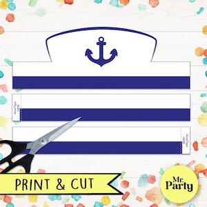 Papieren kroon matrozenhoed, afdrukbare matrozenhoed, matroos hoed feest, afdrukbare en kleurbare pdf, matroos kostuum, ambachtelijke kinderen matroos kostuum DIY