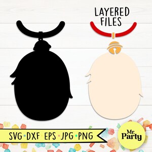 May include: Layered SVG cut file of a bell with a fluffy, white pom-pom. The file is available in SVG, DXF, EPS, JPG, and PNG formats. The image includes the text "LAYERED FILES" and "Mr. Party".