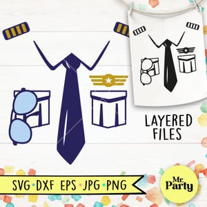 May include: Layered SVG, DXF, EPS, JPG, and PNG files for a pilot costume design. The design includes a blue tie, a white shirt, a pair of aviator sunglasses, a pilot's wing patch, and a pocket with a gold star. The text "Layered Files" is in the image.