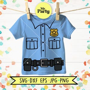 May include: A light blue t-shirt featuring a graphic print of a police uniform, including a gold badge with the text Police, two chest pockets, a button-down placket, and a black utility belt with pouches and a ring, hanging from a wooden clip.