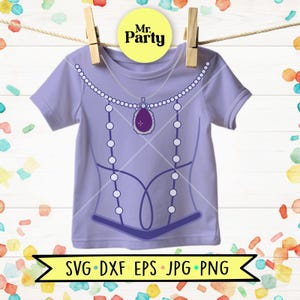 May include: A light purple short-sleeve t-shirt featuring a graphic print of a pearl necklace with a central dark purple gemstone pendant. The design includes a stylised bodice outline in a darker shade of purple. A yellow circle displays Mr. Party.