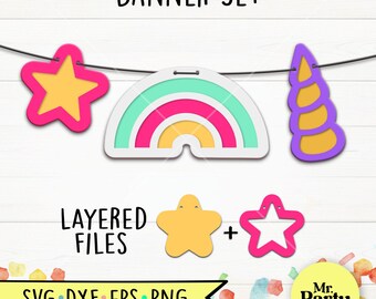 Rainbow and stars Banner svg, unicorn Garland SVG, Rainbow SVG, unicorn svg, Cardstock Rainbow Garland svg, birthday unicorn, party rainbow