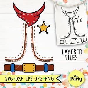 May include: A layered digital file for a cowboy costume. The file includes a red bandana, a brown waistcoat with stitching, a yellow star, a brown belt with a yellow buckle, and a white shirt with a brown belt. The text "LAYERED FILES" is included in the image.