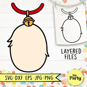 May include: A digital cut file design of a fluffy white character with a red collar and a gold bell. The design is available in SVG, DXF, EPS, JPG, and PNG formats.  Layered files are included.  Mr. Party.