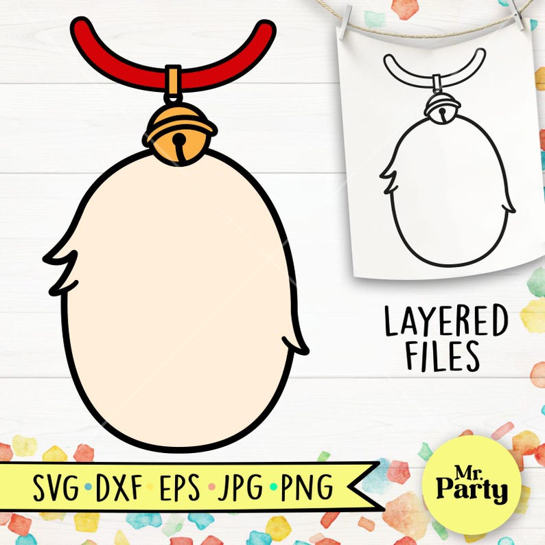 May include: A digital cut file design of a fluffy white character with a red collar and a gold bell. The design is available in SVG, DXF, EPS, JPG, and PNG formats.  Layered files are included.  Mr. Party.