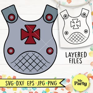 May include: A grey and red cartoon illustration of a knight's chest armour. The armour features a red cross design in the centre and is decorated with red circles. A black and white outline of the armour is displayed next to it. The words "LAYERED FILES" are visible.