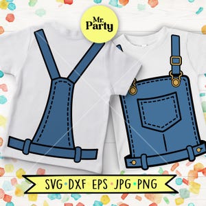 May include: Two white t-shirts featuring a graphic print of blue denim overalls. One shirt displays the back view with straps, while the other shows the front view with a pocket and gold-colored buckles. A yellow circle with the text Mr. Party is visible.