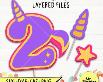 Unicorn 2nd birthday SVG, Unicorn cake topper svg, decoration Unicorn topper svg, Party svg, 2nd Birthday shirt svg, Unicorn svg, Star svg