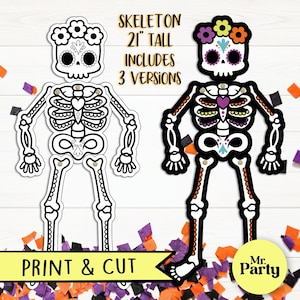 Puede incluir: Dos recortes decorativos de esqueletos, cada uno de 53 cm de alto, con detalles florales y de corazón. Un esqueleto es blanco y negro, el otro es negro, naranja y morado. El texto "PRINT & CUT" se muestra en una pancarta amarilla.