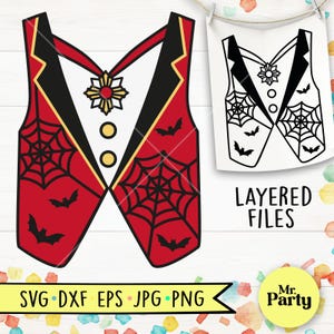 May include: A red and black Halloween vest design with spiderwebs and bats. The vest has a white center with gold accents and two gold buttons. A second black and white vest design is also shown. The words "LAYERED FILES" are visible.