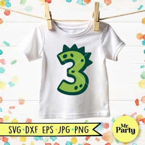 Pu&ograve; includere: Maglietta bianca per bambini con un design verde del numero 3. Il numero &egrave; disegnato per assomigliare a un dinosauro, con una parte superiore a spillo e dettagli a pois. La maglietta &egrave; appesa a un filo per stendere.