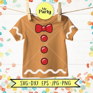 May include: A tan short-sleeve t-shirt featuring a gingerbread man design with a red bow tie, three red circular buttons, and white wavy icing patterns on the sleeves and hem. A yellow circular tag displays the text Mr. Party.