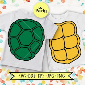 May include: Two white t-shirts featuring graphic prints of turtle shells. The left shirt displays a green shell with black outlines, while the right shirt shows a yellow shell with black outlines. A yellow circle with the text Mr. Party is visible.