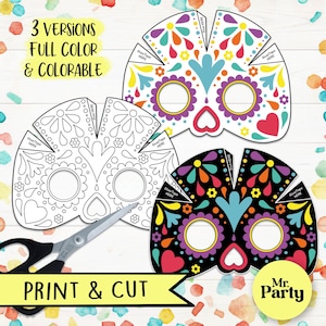 Può includere: Sono mostrate tre versioni di una maschera del Giorno dei Morti, tra cui una versione a colori, una versione in bianco e nero e una versione da colorare. Le maschere sono decorate con disegni floreali e a forma di cuore. Il testo "PRINT & CUT" è visualizzato.