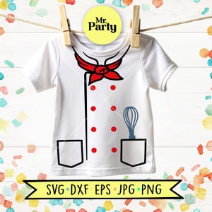 May include: A white short-sleeve t-shirt featuring a chef uniform graphic with a red neckerchief, six red buttons, and two black-outlined pockets. One pocket contains a blue whisk illustration. The text Mr. Party appears on a yellow circle.