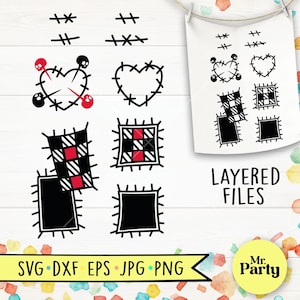 Può includere: Elementi di design grafico in bianco e nero, tra cui cuori, toppe e punti. L'immagine include anche il testo "LAYERED FILES" e icone di tipo di file per SVG, DXF, EPS, JPG e PNG.