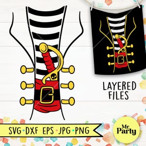 May include: A layered SVG cut file design for a pirate costume. The design features a black and white striped shirt, a red sash, and a sword with a skull handle. The text "LAYERED FILES" is included in the design.