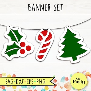Bannière de Noël svg, guirlande de bonbons SVG, guirlande de feuilles de houx et de baies SVG, guirlande de Noël en papier cartonné svg, bannière d'arbre Svg, fête de Noël