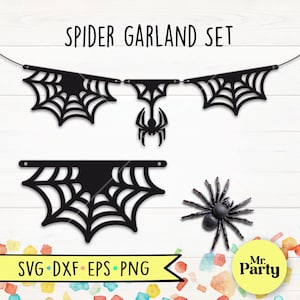 May include: Black spider web garland set with a spider and the text "Spider Garland Set". Includes SVG, DXF, EPS, and PNG file formats. A decorative element for Halloween.