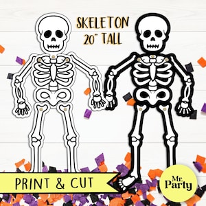 Puede incluir: Dos recortes de esqueletos en blanco y negro, cada uno de 51 cm de alto, con el texto "SKELETON 20" TALL". Los esqueletos están rodeados de confeti naranja y morado. La parte inferior de la imagen tiene el texto "PRINT & CUT".