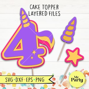 Unicorno 4° compleanno SVG, Unicorno cake topper svg, decorazione Unicorno topper svg, Festa svg, 4° compleanno maglietta svg, Unicorno svg, Stella svg