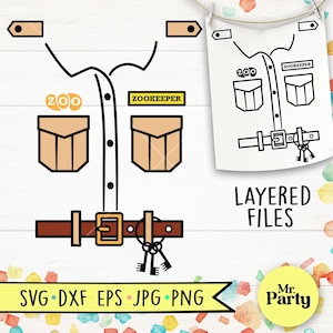 May include: A black and white outline of a zookeeper uniform with a belt, pockets, and a name tag that says "Zookeeper". The uniform has a brown belt with a buckle and keys. The image also includes a colored version of the uniform with a tan shirt and brown belt.