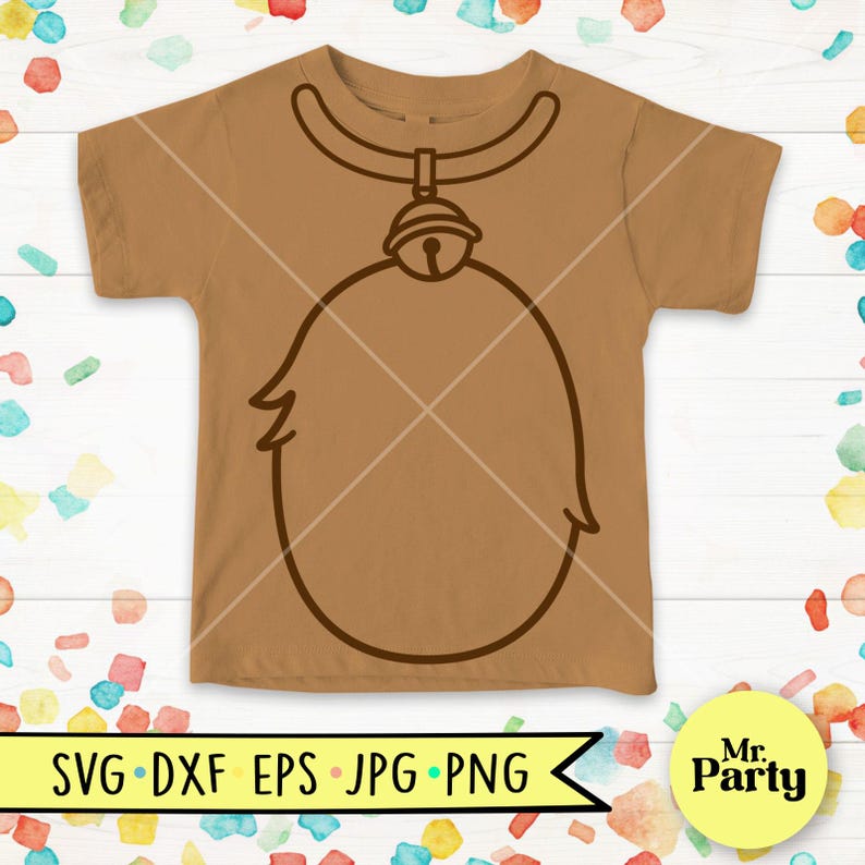 May include: A brown t-shirt with a brown outline of a reindeer head with a bell on a collar. The design is for a DIY craft project.