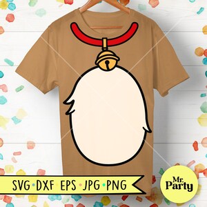 May include: A brown t-shirt with a red collar and a gold bell hanging from it. The shirt has a white outline of a dog's head with a blank space for a face.