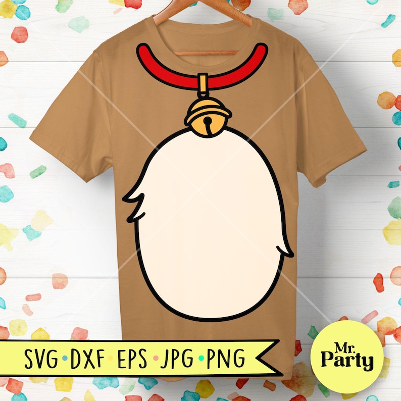 May include: A brown t-shirt with a red collar and a gold bell hanging from it. The shirt has a white outline of a dog's head with a blank space for a face.