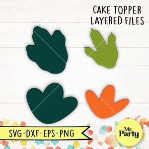 Pu&ograve; includere: Quattro disegni di impronte di dinosauro in verde e arancione, con il testo "CAKE TOPPER LAYERED FILES" in alto. La parte inferiore dell'immagine presenta il testo "SVG DXF EPS PNG" e un logo con la scritta "Mr. Party".
