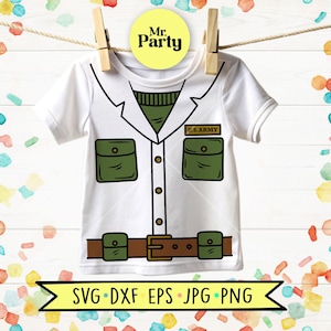 May include: A white short-sleeve t-shirt featuring a graphic print of a military-style uniform with a green undershirt, two green chest pockets, a brown belt with a buckle, and a rectangular patch with the text U.S. ARMY printed in black.