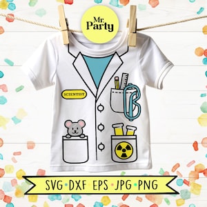 May include: A white t-shirt featuring a scientist lab coat graphic. The design includes a yellow name tag labeled "SCIENTIST," a pocket with a pencil and ruler, a pocket with a gray mouse, and a pocket with yellow test tubes and a radiation symbol.