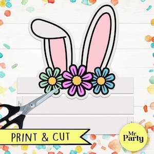 Oreilles de lapin avec marguerites, oreilles de lapin à colorier et imprimables pdf, oreilles de lapin couronne en papier, costume de lapin, lapin Kid Craft, impressions de Pâques
