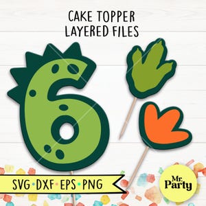 Dino 6e verjaardag SVG, Dino taart topper svg, decoratie, dinosaurus topper svg, partij svg, zes verjaardag shirt svg, dinosaurus voetafdruk svg