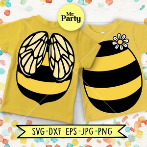 May include: Two mustard yellow t-shirts featuring bee-themed graphics. The left shirt displays a bee body with large wings, while the right shirt shows a striped bee body with a white daisy flower. The text Mr. Party appears in a yellow circle.