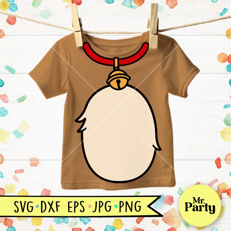 May include: A brown t-shirt with a white outline of a dog's head and a red collar with a gold bell. The shirt is hanging on a clothesline with clothespins.