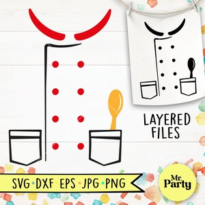 May include: A vector graphic of a chef's coat with red accents, including a chef's hat and buttons. An orange spoon is in the pocket. The words "LAYERED FILES" and file type abbreviations are also present.