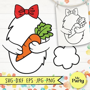 May include: A black and white line art illustration of a fuzzy creature holding a carrot. The creature has a red bow on its head. The illustration is on a white background with a cloud shape and a text box that says "SVG - DXF - EPS - JPG - PNG".