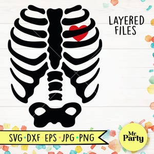 May include: Black and white silhouette of a ribcage with a red heart in the centre. The text "LAYERED FILES" is in the top right corner. The text "SVG - DXF - EPS - JPG - PNG" is in the bottom left corner. The text "Mr. Party" is in a yellow circle in the bottom right corner.