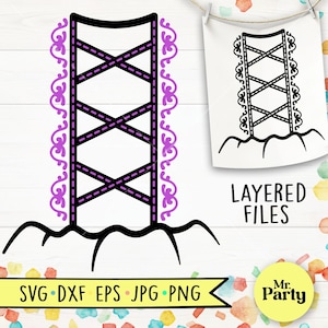 May include: A black and purple digital cut file of a decorative ladder with a scalloped border. The file is available in SVG, DXF, EPS, JPG, and PNG formats. "Layered Files" and "Mr. Party" are written in the image.