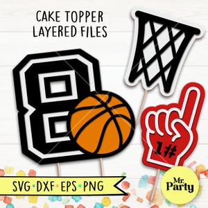 Basketbal 8e verjaardag SVG, basketbal taart topper svg, decoratie basketbal topper svg, feest, mand svg, nummer 1 svg, basketbal svg
