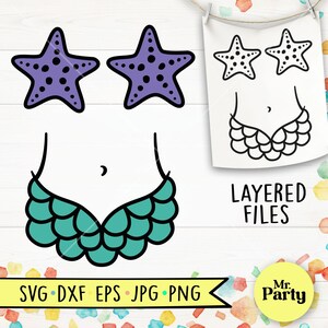 May include: A digital illustration featuring two purple starfish with black outlines and a teal mermaid tail design. The image also includes a paper with a mermaid design and the text "LAYERED FILES". A banner at the bottom displays "SVG • DXF • EPS • JPG • PNG".
