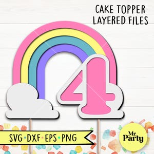 Arc-en-ciel de gâteau 4e anniversaire SVG, décoration de fête bricolage, arc-en-ciel topper svg, svg fête, anniversaire svg, Cricut, silhouette couper des fichiers