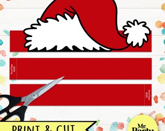 Santa hat paper crown, Christmas Paper Crown pdf, Printable Santa hat, printable and colorable pdf, Santa costume, Kids Craft Christmas DIY